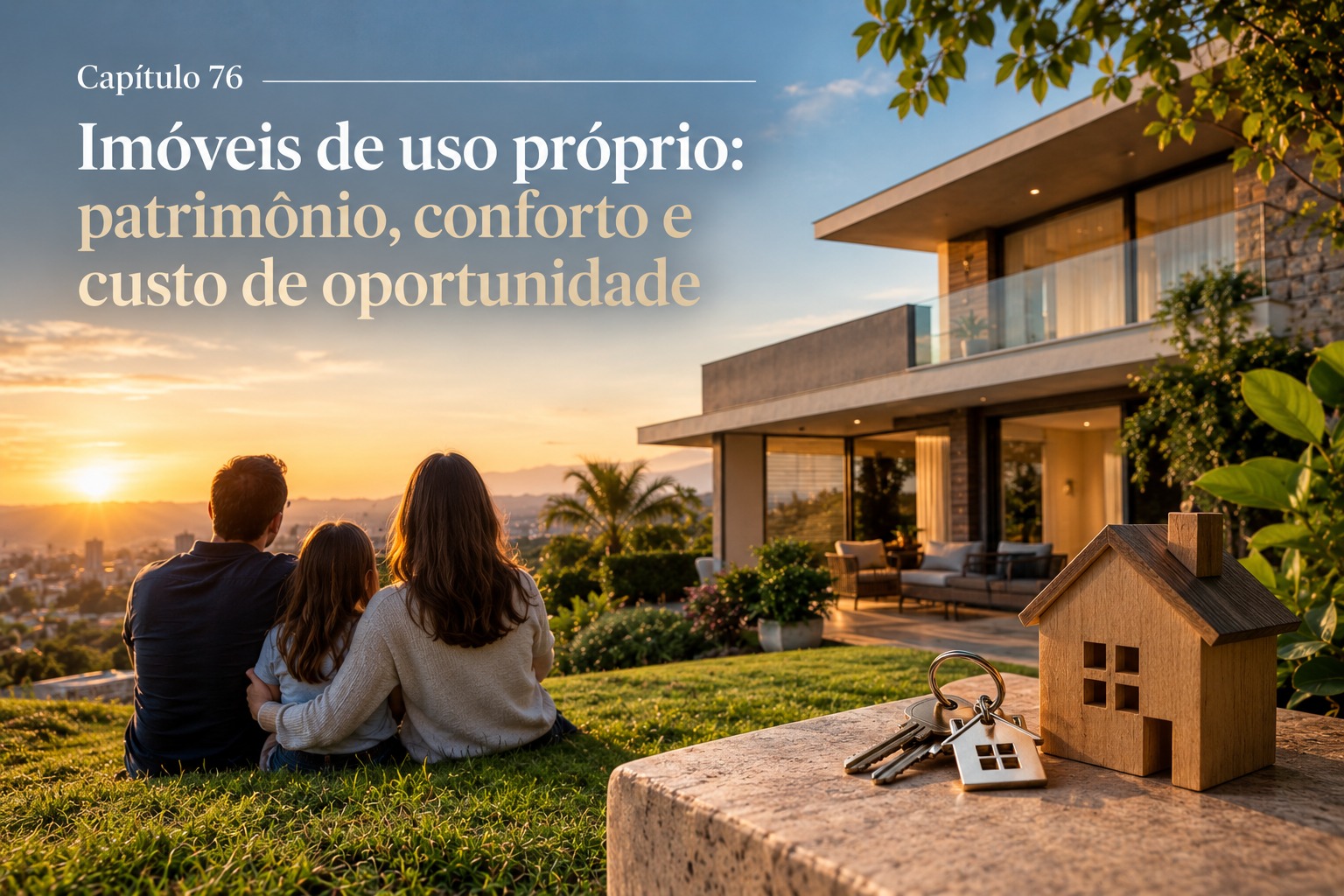Família contemplando a própria casa ao entardecer — Capítulo 76 da Biblioteca da Gestão Patrimonial